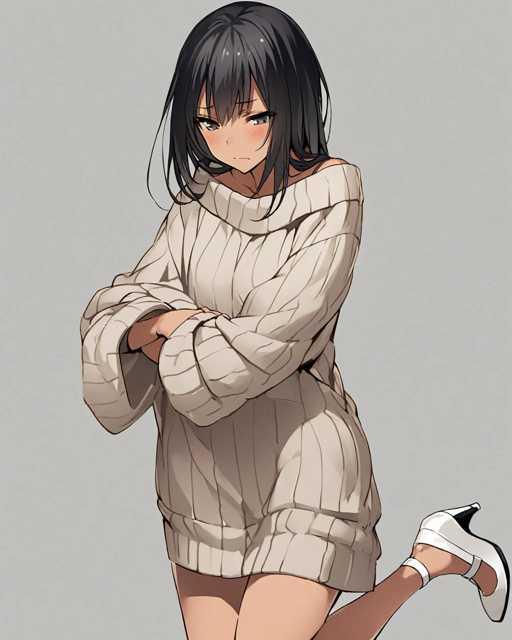 A solo model poses in a tan oversized sweater dress with sleeves. The dress is mid-thigh length, and the model stands on one leg while lifting the other, showcasing white high-heeled shoes with ankle straps. The model has long, straight black hair and a neutral expression, set against a plain gray background