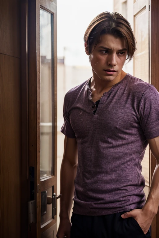 man,Brown hair, short hair, Purple Eyes, 20 years younger, The clothes are torn, sad, cry, male, Dynamic poses, Solitary