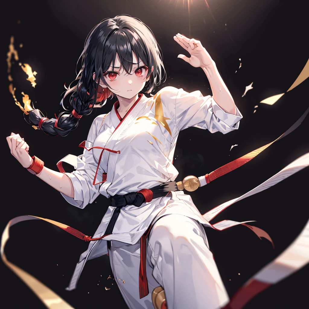 ((((Karate　Kick　Black belt))))　(((White Doshi　Sweat　Bright red eyes　Black Hair　Long Hair　Tie your hair back)))　((Aura of Gold))　Shining Edge　Shining Background