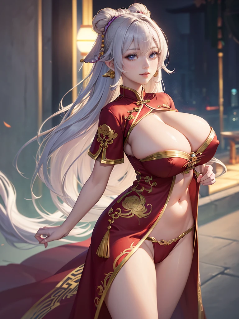 Highly detailed CG unit 8k wallpaper, masterpiece, High resolution, highest quality, highest quality real texture skin, Super Real, Digital Painting, Best image quality, 最High resolution, 8k, ((Highly detailed eyes and face)), 1girl, Beautiful eyes every detail, Full Body Shot, breast focus, Accentuate your chest, chinese style embroidery, china dress, slit, Thighs, ((disproportionate breasts, huge breasts, sagging breasts, Cleavage, gigantic breasts, Saggy breasts, Gravity-dependent breasts, long chest, Heavy chest, erect nipple)), smile, grin, ((Diao Chan, Three Kingdoms)), lewd, Prostitute, Light peach, Light purple, white,