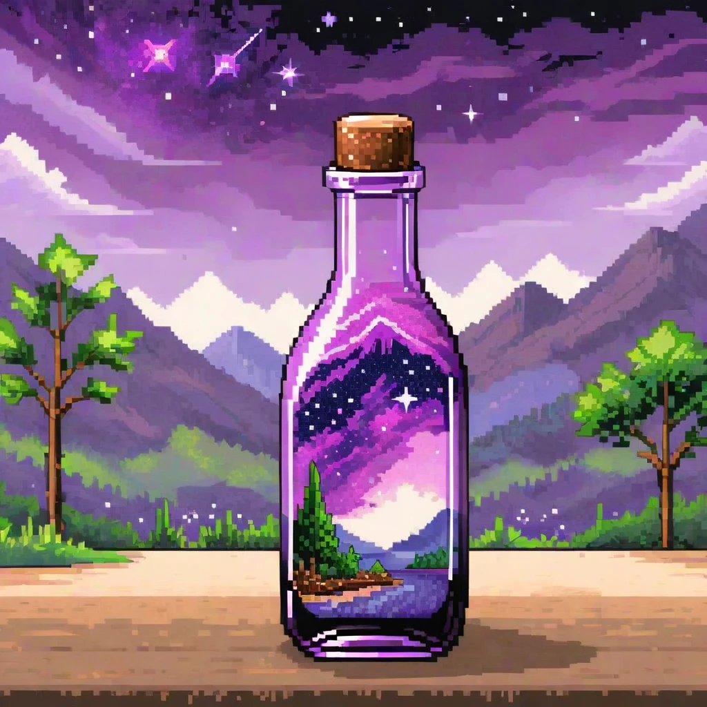 Beautiful landscape natural glass bottle, , Purple Galaxy Bottle, Pixel Art