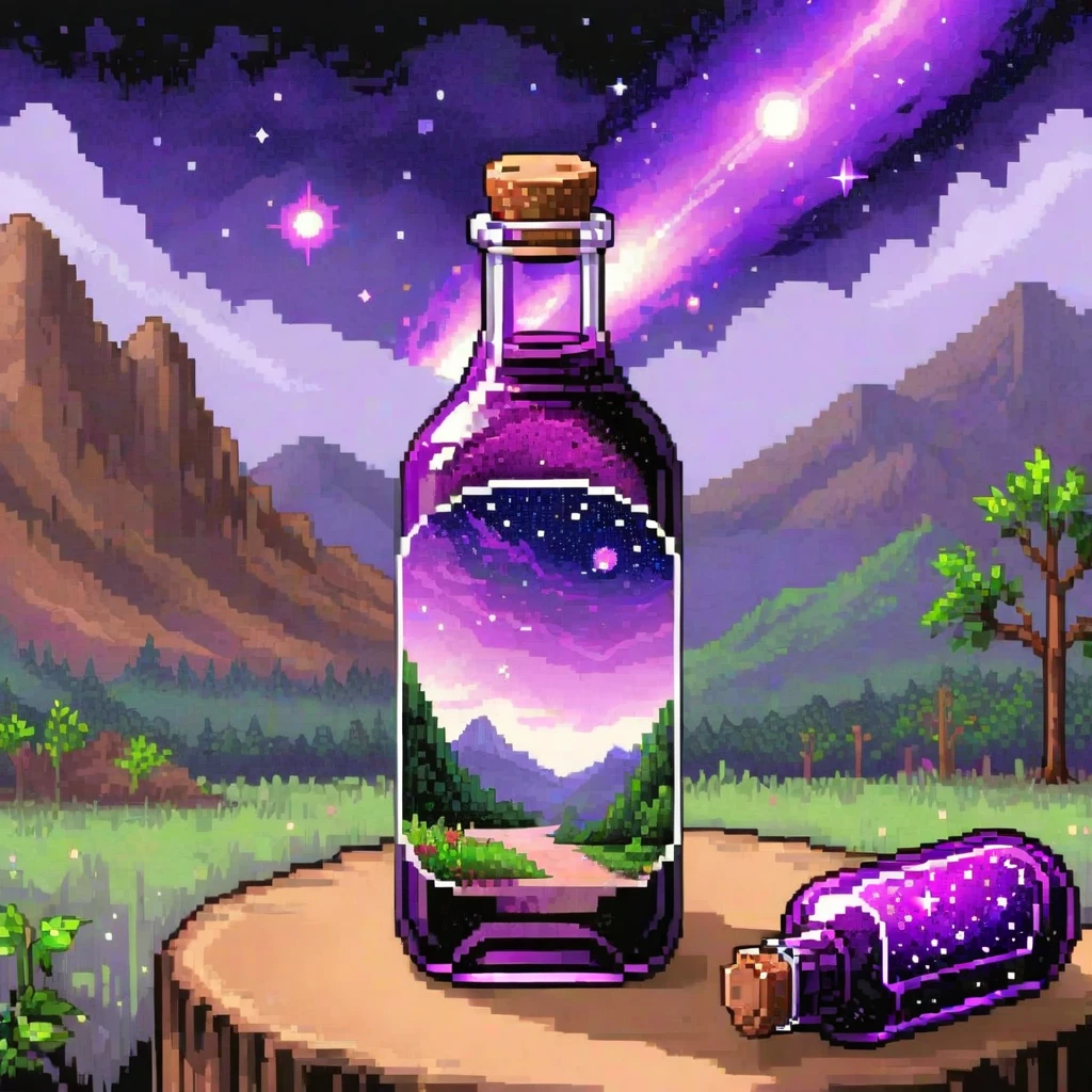 Beautiful landscape natural glass bottle, , Purple Galaxy Bottle, Pixel Art