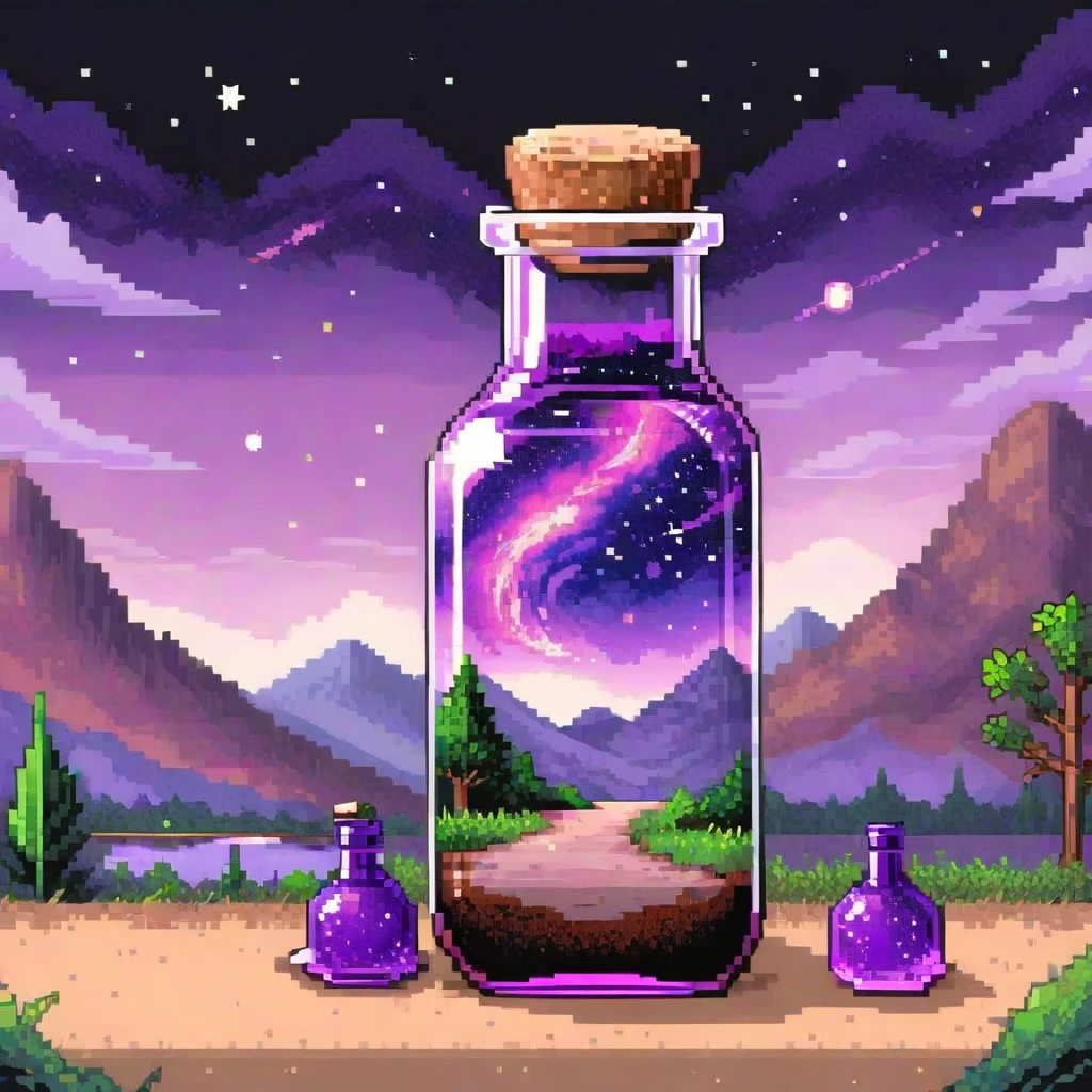 Beautiful landscape natural glass bottle, , Purple Galaxy Bottle, Pixel Art