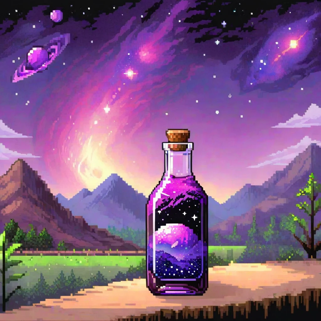 Beautiful landscape natural glass bottle, , Purple Galaxy Bottle, Pixel Art