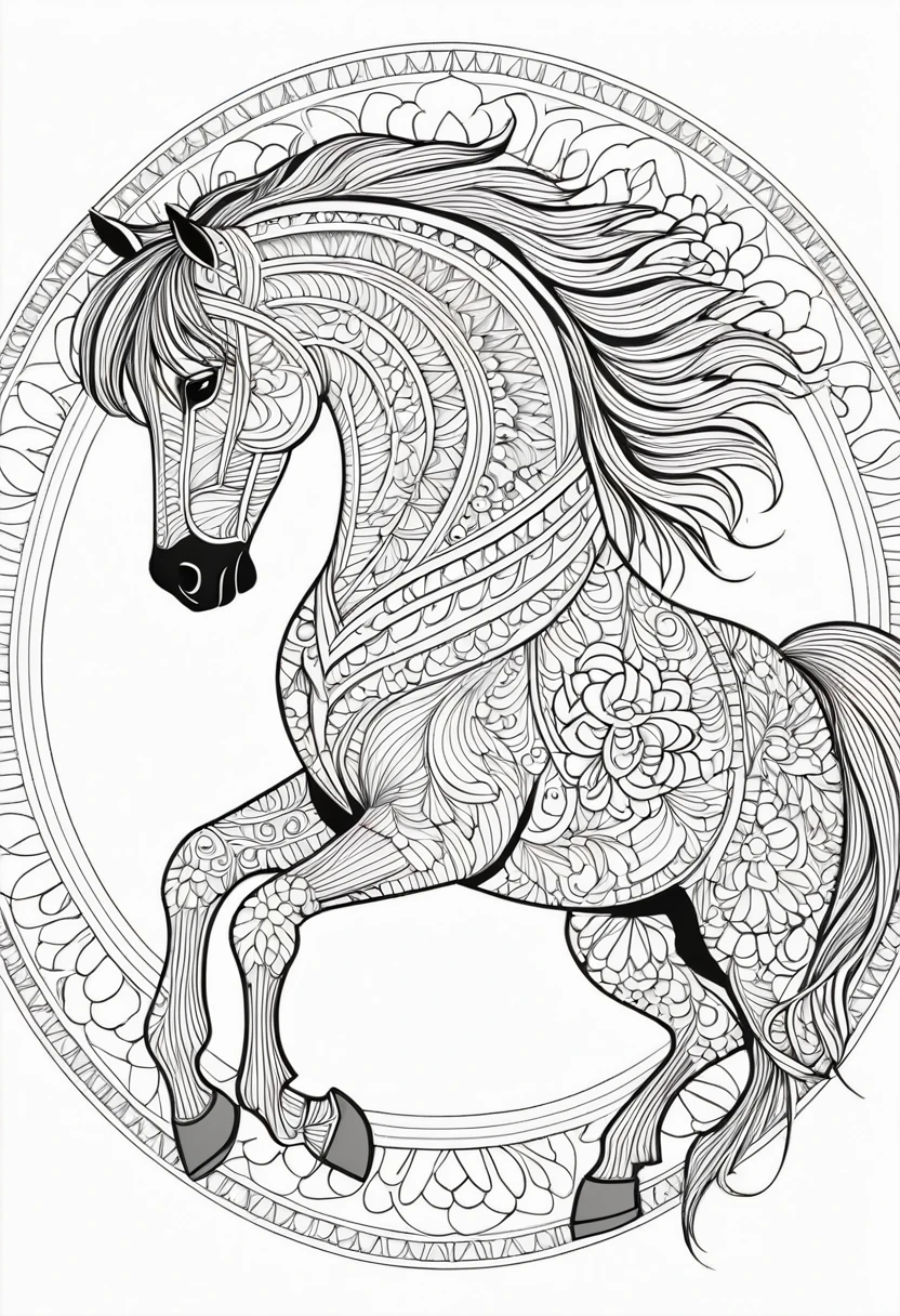 A striking black and white line art coloring page designed for adults with white background, featuring a majestic horse in a mandala-inspired style. The horse is adorned with intricate patterns that include floral and geometric designs, making it an engaging and detailed work of art. The illustration focuses on crisp, clean lines and bold outlines, without any shading or color, allowing the user to bring their own vibrancy to the piece. The minimalistic design, with its thick lines and absence of background details, creates a soothing coloring experience for adults seeking calming and creative activities. illustration