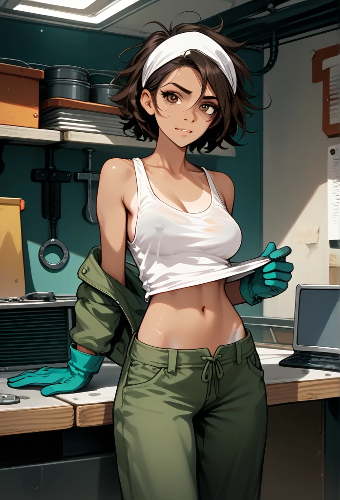 masterpiece, best quality, mature woman, messy hair, black hair, brunette gradient hair color, hot face, (tomboy face), tan skin, mature body, fit body, medium breasts, mechanic gloves, stained tank top, midriff, white bandana, mechanic pants, loose pants, workshop