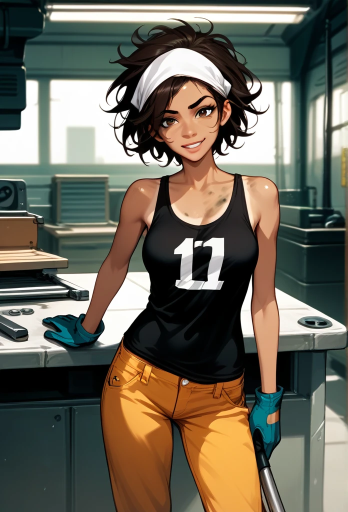 masterpiece, best quality, mature woman, messy hair, black hair, brunette gradient hair color, hot face, (tomboy face), tan skin, mature body, fit body, medium breasts, mechanic gloves, stained tank top, midriff, white bandana, mechanic pants, loose pants, workshop