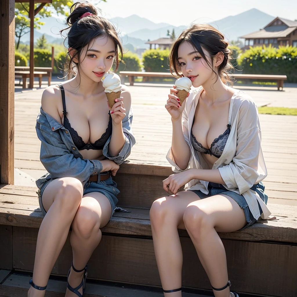 Highest quality、High resolution、Detailed Background、(Beautiful face in every detail:1.4)、Anatomically correct、(Detailed facial expressions)、(Fine grain:1.2)、(Fine grain:1.2)、Teenage Beauty、(Highly detailed face:1.4)、Cute hair colors、ponytail、Bobcut、Cute hairstyle、well-groomed eyebrows、Jokingly、Big smile、Do cute things、Fits on one screen、
(Two beautiful girls eating ice cream to beat the heat at a summer resort:1.5)、
She looks cute eating and licking ice cream with a smile on her face..、
light dress、Flower and fruit pattern、Brightly colored and patterned dresses, stripes, etc.、
Pair it with cool shoes like sandals or espadrilles..、
Off-the-shoulder tops in bright colors and vibrant patterns、Denim shorts for a light look、A shirt dress is an item that gives a clean impression..、
Brightly colored or striped shirt dresses、Tie the belt around your waist to enhance your style。、
Lake Kawaguchi and the Yamanashi Five Lakes:Located at the foot of the mountain. Fuji Mountain, Lake Kawaguchi and the Five Lakes are a summer resort surrounded by beautiful nature.、Walking along the lake and taking a boat ride、. Fuji Mountain.
((((Emphasize cleavage))))
((((Panties and bra are visible))))