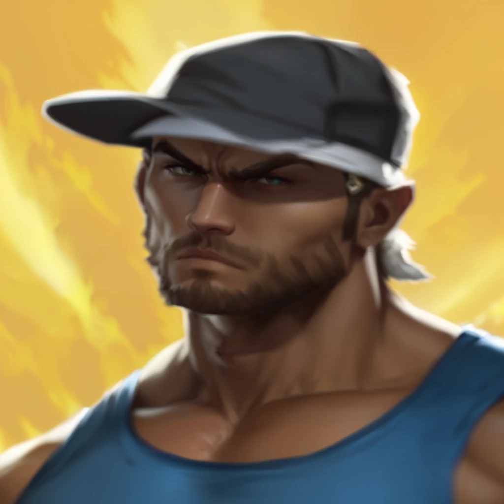 a close up of a man wearing a hat and a blue tank top, buff man, very buff, avatar image, technoviking male with no shirt, godsent, super buff and cool, character icon, buff painting, barret frymire, doomfist, inspired by Daryush Shokof, rpg character avatar, heavy looking, absolute chad, lance