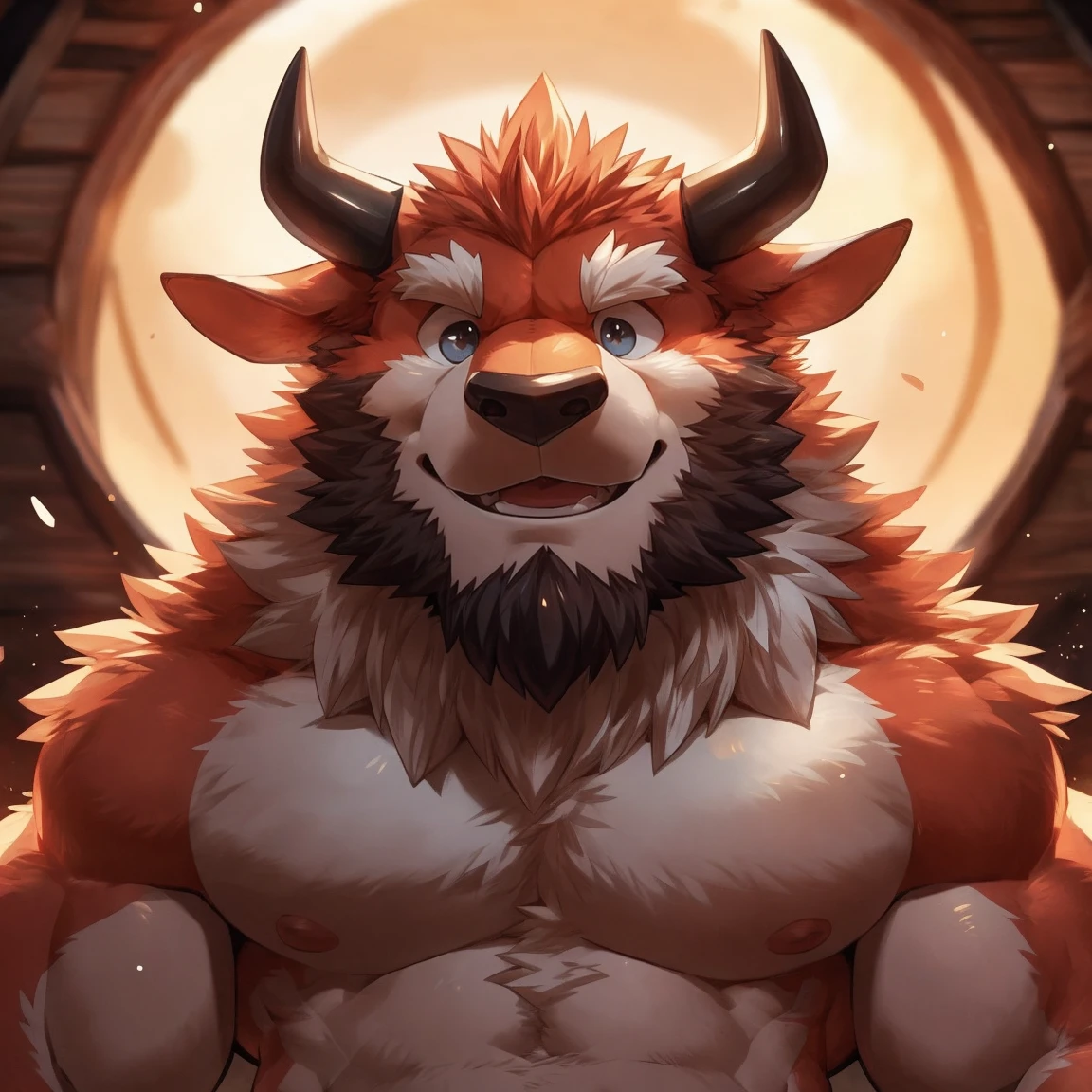 human nature, cannon, male, solitary, ((Round Face, Very plump face, thick beard)), ((endomorph body type, Handsome)), (Topless), ((domestic ox, ox) Fluffy fur, Fluffy), (In a wooden house), antiquity,High quality,Bokeh, (high quality, high resolution, masterpiece), (Dynamic Lighting, Vibrant colors), (Generous smile), (Face focus), Front view (close up), cartoon, author:Takemoto Arashi, by zixiong, author:Chunni, author:Empty Ghost