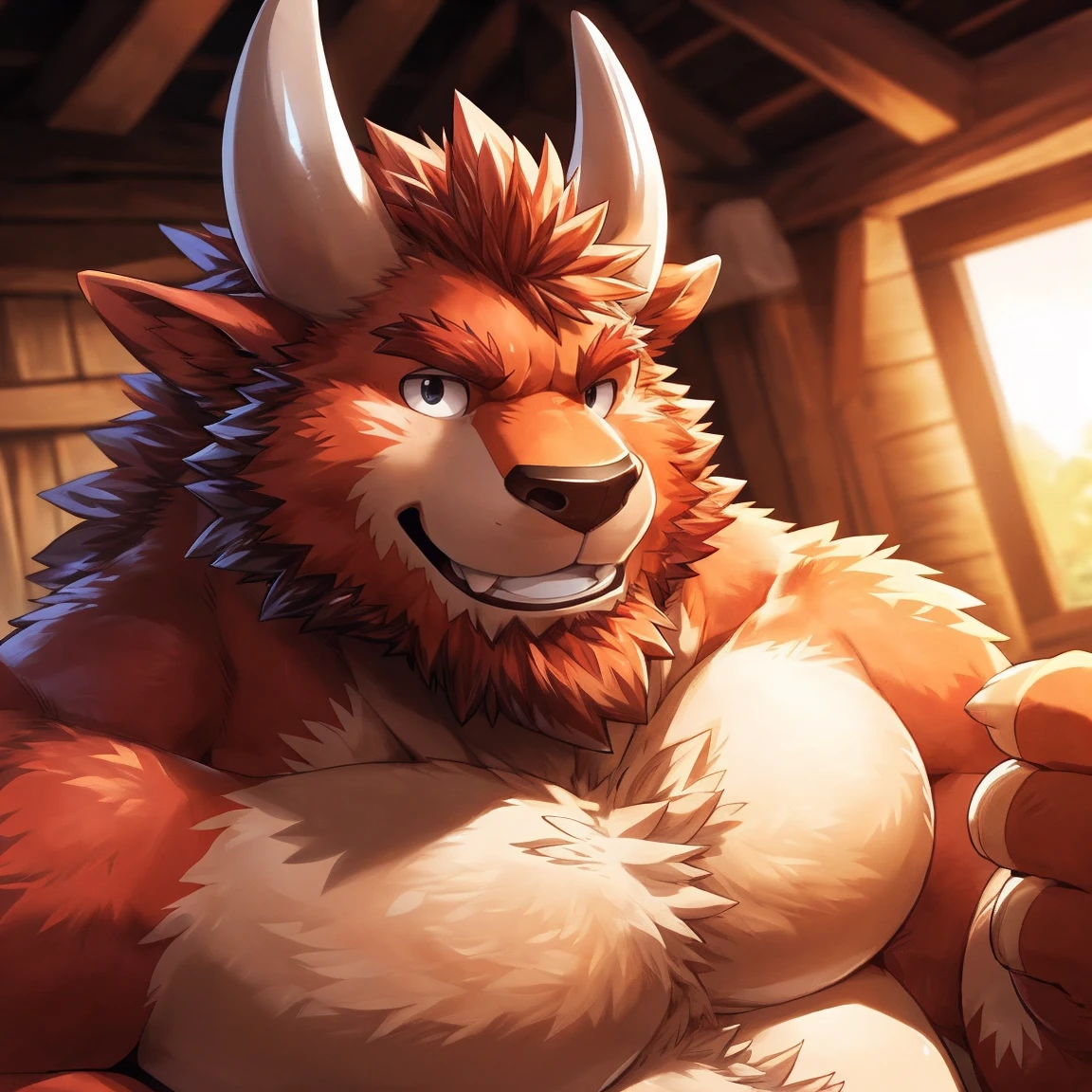 human nature, cannon, male, solitary, ((Round Face, Very plump face, thick beard)), ((endomorph body type, Handsome)), (Topless), ((domestic ox, ox) Fluffy fur, Fluffy), (In a wooden house), antiquity，High quality，Bokeh, (high quality, high resolution, masterpiece), (Dynamic Lighting, Vibrant colors), (Generous smile), (Face focus), Front view (close up), cartoon, author：Takemoto Arashi, by zixiong, author：Chunni, author：Empty Ghost