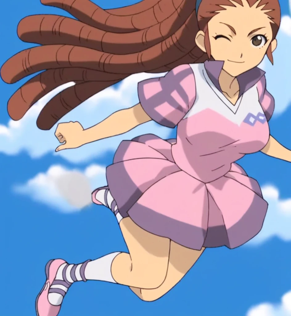 score_9, score_8_superior, score_7_superior, score_6_superior, score_5_superior, score_4_superior, sauce_anime, One girl, Mido Reika, Dreadlocks, Long Hair, High Ponytail, Brown eyes, Pause,, smile, View your viewers, Big Breasts ballerina ballet Anne O Wink heart Infatuated Dancing with the girls Pirouettes