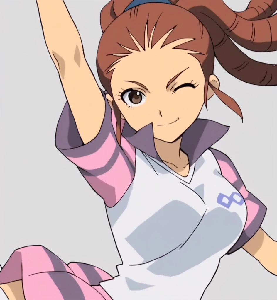 score_9, score_8_superior, score_7_superior, score_6_superior, score_5_superior, score_4_superior, sauce_anime, One girl, Mido Reika, Dreadlocks, Long Hair, High Ponytail, Brown eyes, Pause,, smile, View your viewers, 　Big Breasts　ballerina　ballet　Anne O　Wink　heart　Infatuated　Dancing with the girls　Pirouettes