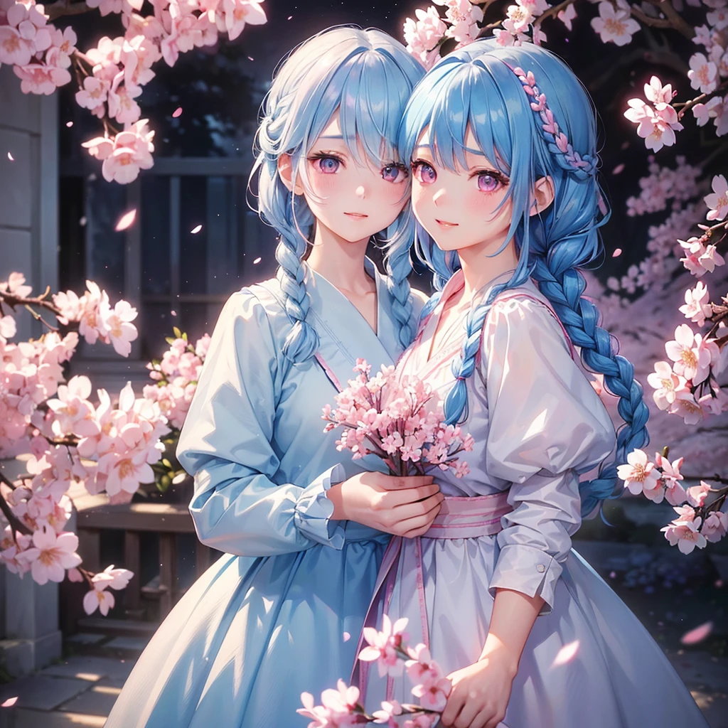 (Light blue medium hair),(Braided hair tied together)、Pink eyes、Fair skin、(whole body)、(uniform)、Cherry Blossoms at Night、A big smile、、(masterpiece、Highest quality、Very detailed、Best Shadow)、(Detailed Background)、(Beautifully detailed face)、High contrast、(Best lighting、Very delicate and beautiful)、((Cinematic Light))、colorful、Hyper Detail、Dramatic Light、Exquisite detail、