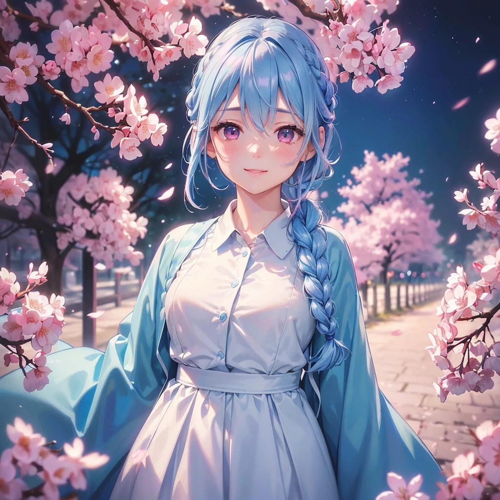 (Light blue medium hair),(Braided hair tied together)、Pink eyes、Fair skin、(whole body)、(uniform)、Cherry Blossoms at Night、A big smile、、(masterpiece、Highest quality、Very detailed、Best Shadow)、(Detailed Background)、(Beautifully detailed face)、High contrast、(Best lighting、Very delicate and beautiful)、((Cinematic Light))、colorful、Hyper Detail、Dramatic Light、Exquisite detail、