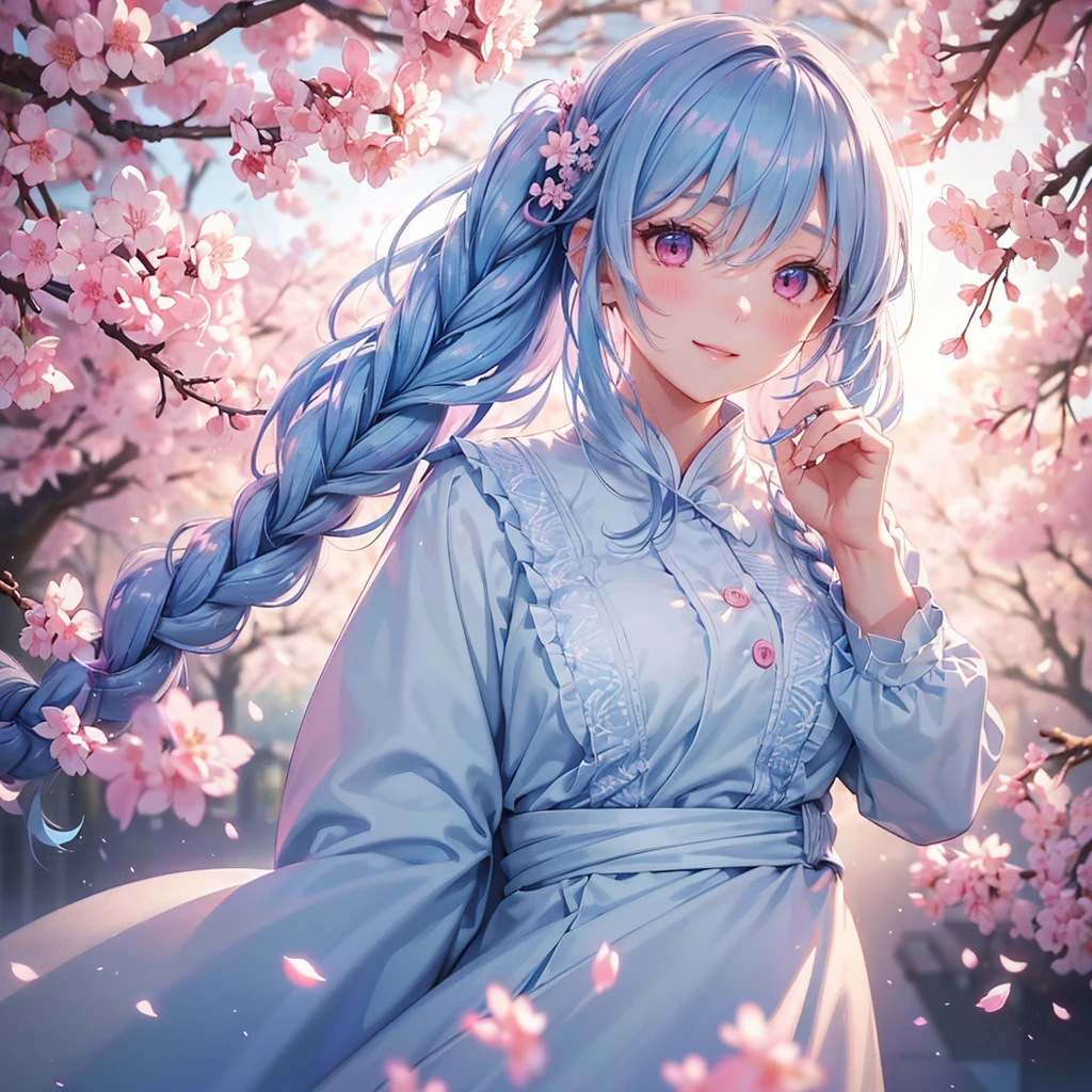 (Light blue medium hair),(Braided hair tied together)、Pink eyes、Fair skin、(whole body)、(uniform)、Cherry Blossoms at Night、A big smile、、(masterpiece、Highest quality、Very detailed、Best Shadow)、(Detailed Background)、(Beautifully detailed face)、High contrast、(Best lighting、Very delicate and beautiful)、((Cinematic Light))、colorful、Hyper Detail、Dramatic Light、Exquisite detail、