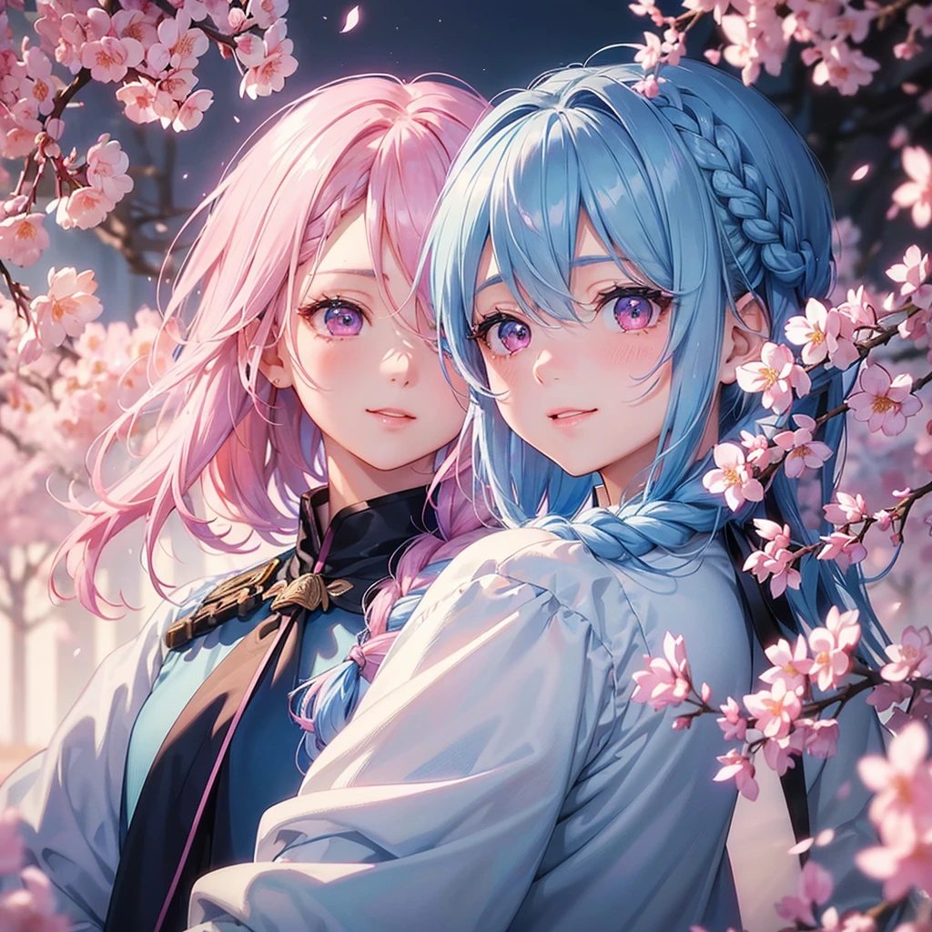 (Light blue medium hair),(Braided hair tied together)、Pink eyes、Fair skin、(whole body)、(uniform)、Cherry Blossoms at Night、A big smile、、(masterpiece、Highest quality、Very detailed、Best Shadow)、(Detailed Background)、(Beautifully detailed face)、High contrast、(Best lighting、Very delicate and beautiful)、((Cinematic Light))、colorful、Hyper Detail、Dramatic Light、Exquisite detail、