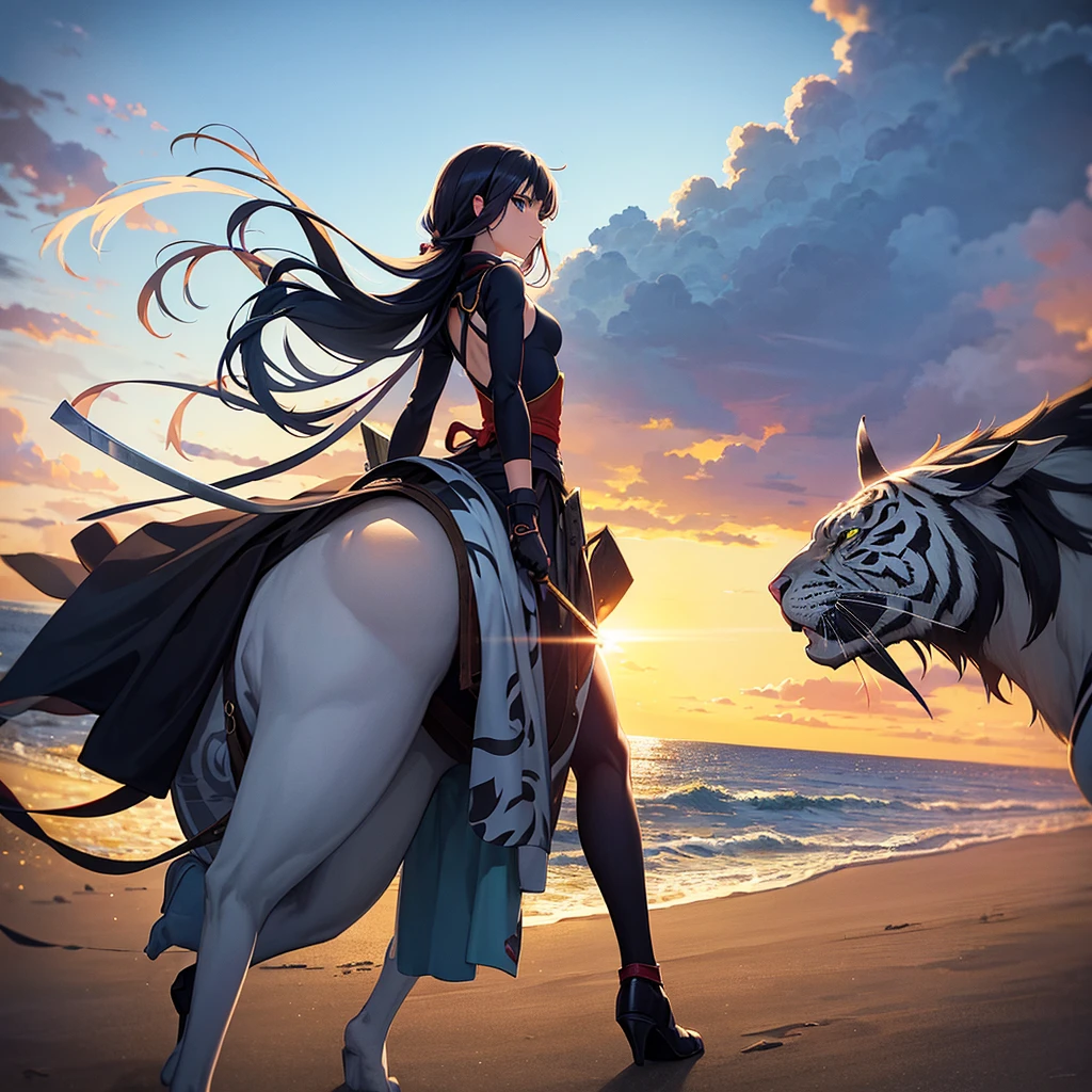 Masterpiece, top quality, 8k, girl in Ghibli style ninja outfit, riding on the back of a silver tiger. 15 years old, with a magically glowing sword, standing on the beach. The setting sun shines like a ray of light.