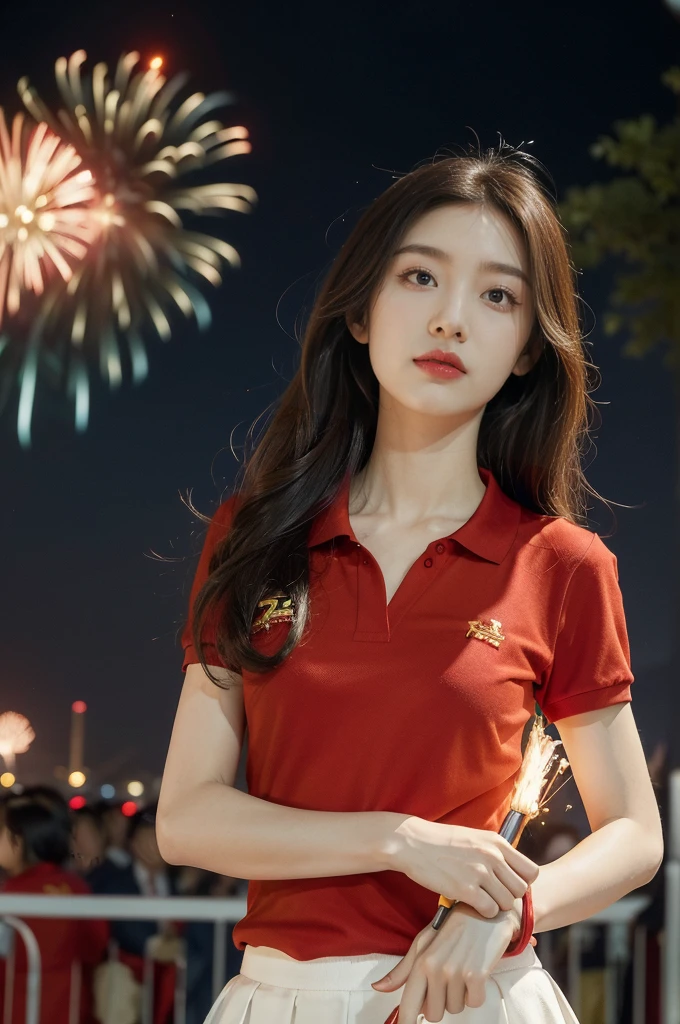 (((best quality))),(((ultra detailed))),(((masterpiece))),illustration, ((Olympic Opening Ceremony,in Paris,summer night,magnificent National stadium of France,Olympic torch, fireworks)),(crowded crowds of enthusiastic spectators:1.3),((a beautiful Chinese girl,solo)),((shoulder length straight hair:1.2)),((slim,thin)),((small breasts,flat chest)),(short sleeves:1.2),(collar:1.2),(red polo shirt:1.5),(yellow skirt:1.2), excited expression, awe, celebrating, electric atmosphere, sense of pride, excitement, playing field, crowd energy, unity, camaraderie, representing China, historic event, memorable moment,((from front,upper body))
