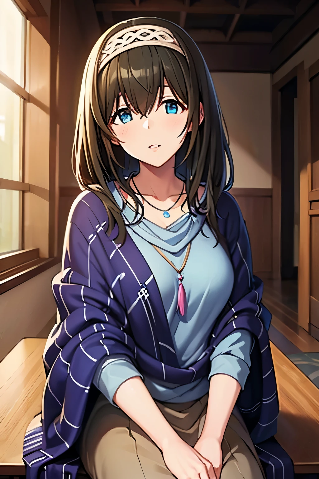 aafumika, idolmaster, long hair, hairband, collarbone, necklace, blue sweater, blue shawl, brown skirt, masterpiece, best quality, high resolution, high details