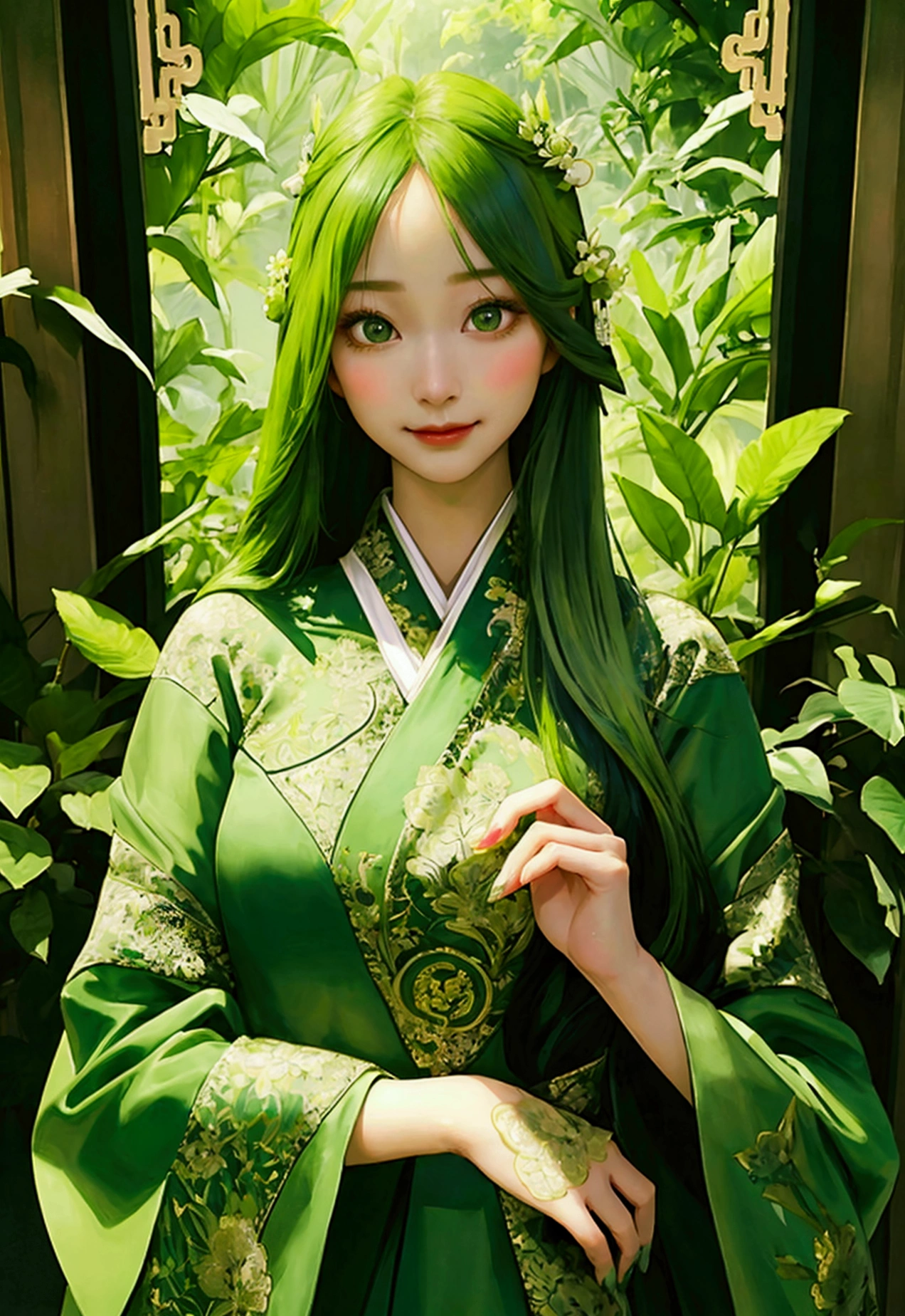 A young girl with long straight green hair, wearing an oriental style dress, exuding an air of elegance, cold green eyes, with a cynical smile, fair skin, delicate detailed facial features, intricate detailed dress, lush green garden background, dramatic lighting, cinematic composition, highly detailed, photorealistic, 8k, (masterpiece:1.2)