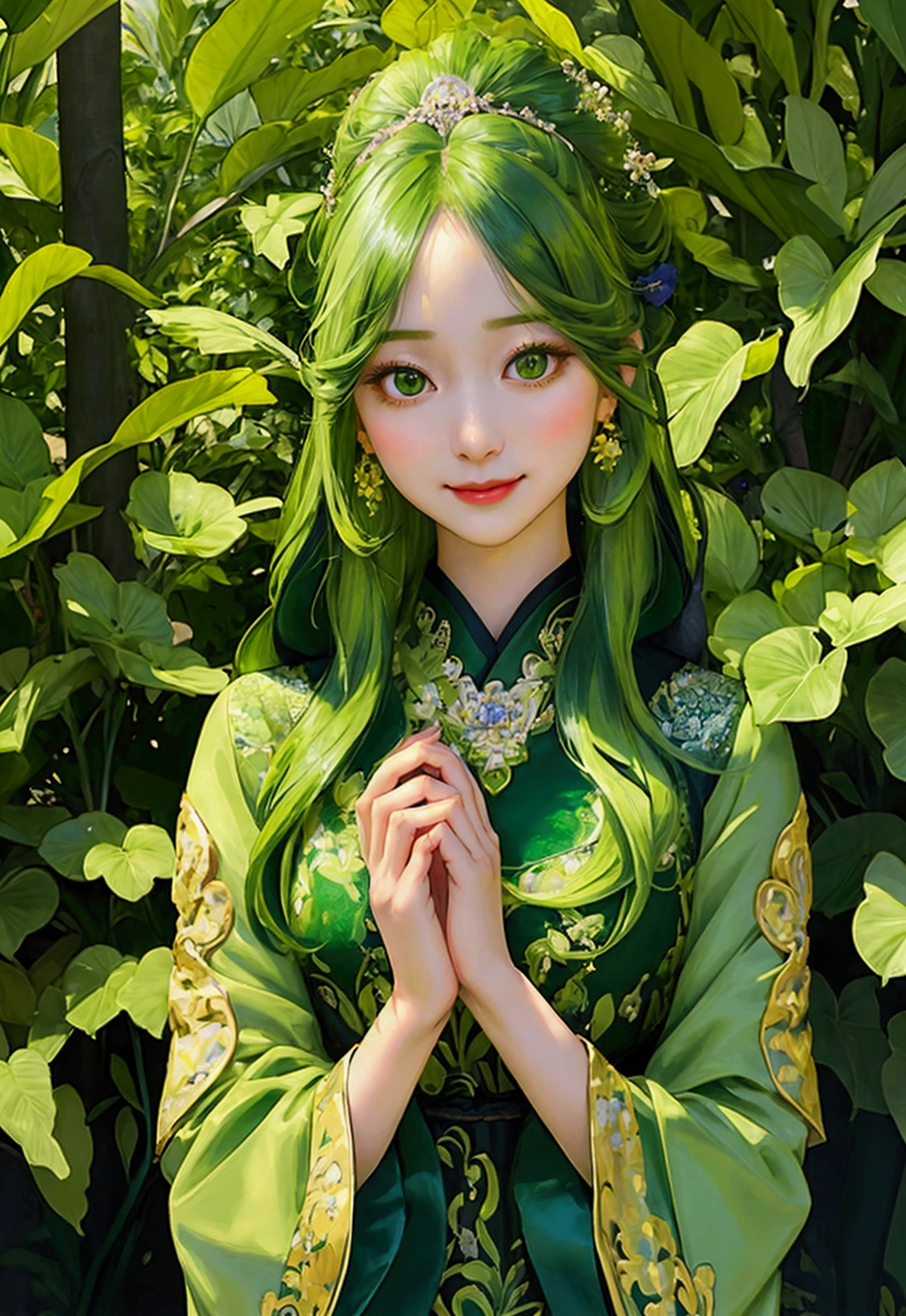 A young girl with long straight green hair, wearing an oriental style dress, exuding an air of elegance, cold green eyes, with a cynical smile, fair skin, delicate detailed facial features, intricate detailed dress, lush green garden background, dramatic lighting, cinematic composition, highly detailed, photorealistic, 8k, (masterpiece:1.2)