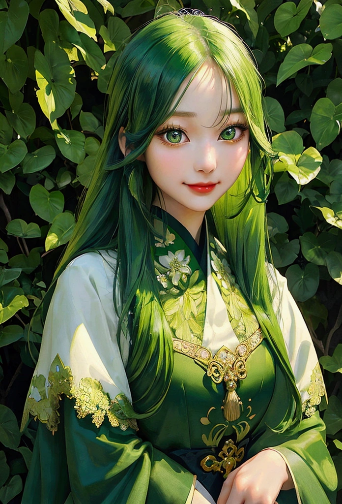 A young girl with long straight green hair, wearing an oriental style dress, exuding an air of elegance, cold green eyes, with a cynical smile, fair skin, delicate detailed facial features, intricate detailed dress, lush green garden background, dramatic lighting, cinematic composition, highly detailed, photorealistic, 8k, (masterpiece:1.2)