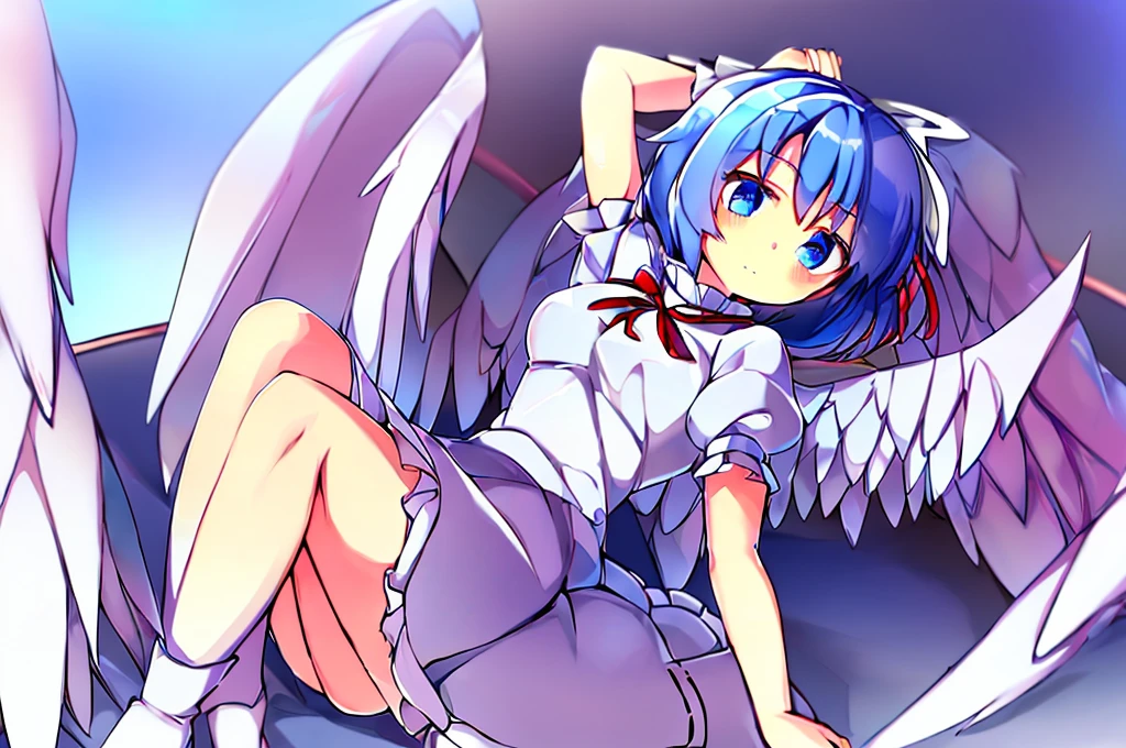 (best quality,4k,8k,highres,masterpiece:1.2), ultra-detailed, highly detailed texture, intricate details, high quality textures, A cute teenage angel with blue eyes, drawn in anime style, 1girl, , , , medium blue hair, hair flaps, pink ribbon on head, well-formed face, blue eyes, angel girl, white blouse, puffy short sleeves, red ribbon, angel wings, long white skirt, red shoes, frills, ribbon head, A pair of angel wings on the back, clean line drawings