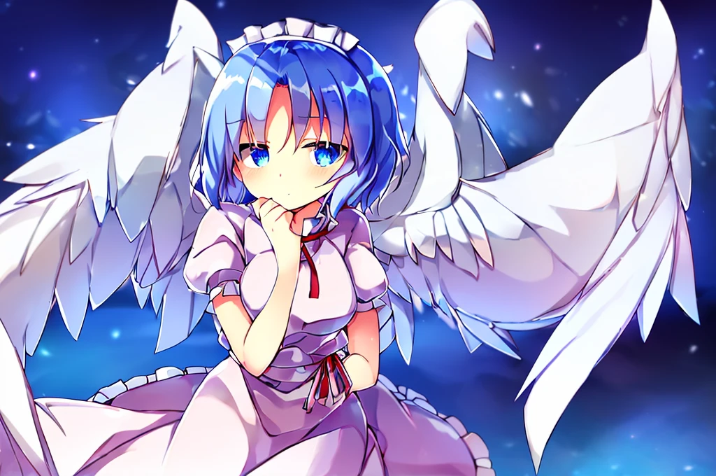 (best quality,4k,8k,highres,masterpiece:1.2), ultra-detailed, highly detailed texture, intricate details, high quality textures, A cute teenage angel with blue eyes, drawn in anime style, 1girl, , , 10 years old, medium blue hair, hair flaps, pink ribbon on head, well-formed face, blue eyes, angel girl, white blouse, puffy short sleeves, red ribbon, angel wings, long white skirt, red shoes, frills, ribbon head, A pair of angel wings on the back, clean line drawings
