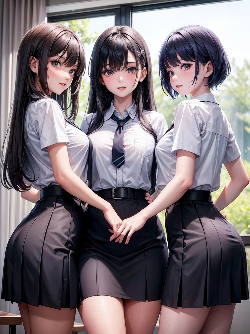 (3girls), (3 young schoolgirls), navy blue school shirt, red school skirt, putting on a show for the viewer, classroom, dusk, (dim lighting), devious smile, (three Sexy girl), [platinum hair, tall, grey eyes, pale skin, big breasts], [dark brown hair, hazel eyes, tan skin, big ass], [black hair, light blue eyes, medium tits, short] (Masterpiece), (Best quality), (8k)
