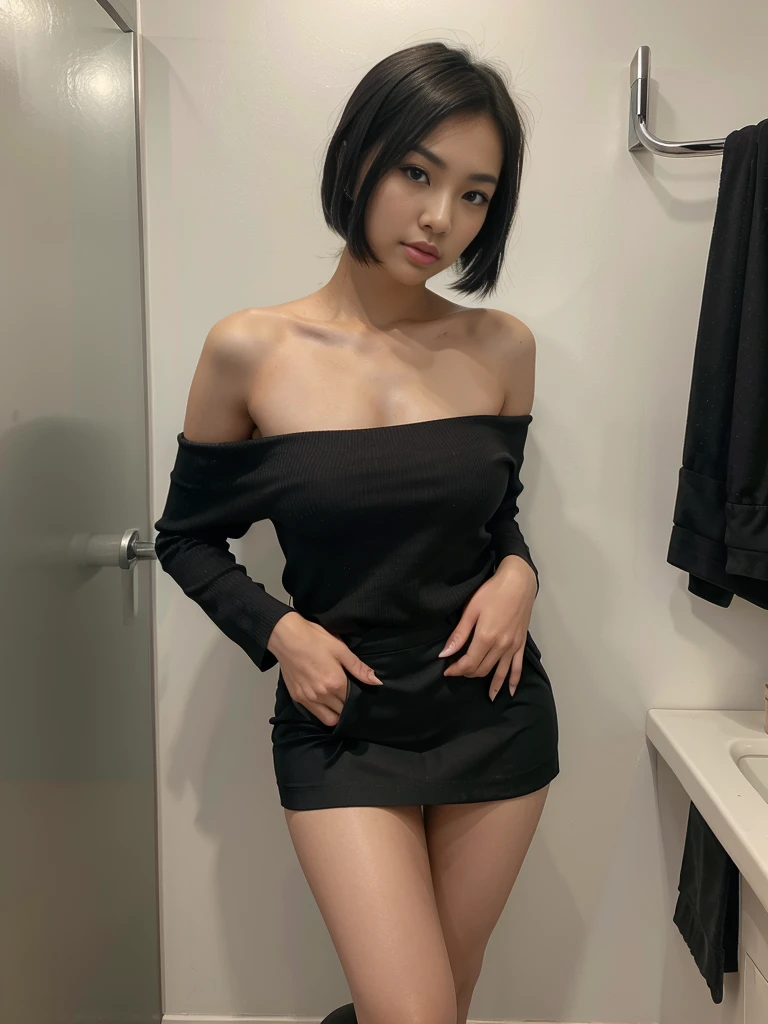 1girl, high quality, high resolution, 4k, 22 year old beautiful asian girl, very slim, tall. black hair, off shoulder, sexy secretary clothes, short skirt, stockings shirt, high heels, lips, realistic, nose, flirting with camera, bending on bathroom stall, nice ass, looking seductively at viewer
