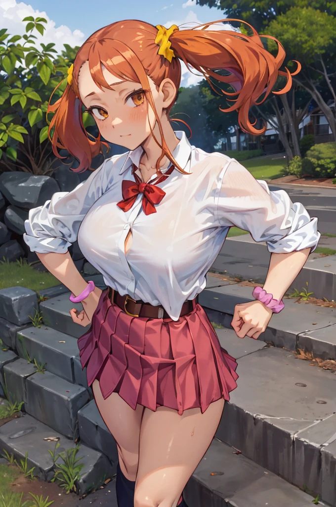 masterpiece, best quality, highres, 1girl, anjou naruko, hairclip, large breasts, , sleeves rolled up, wrist scrunchie, belt, white shirt, red skirt, socks, twintails, standing, outdoors, hand on hip,