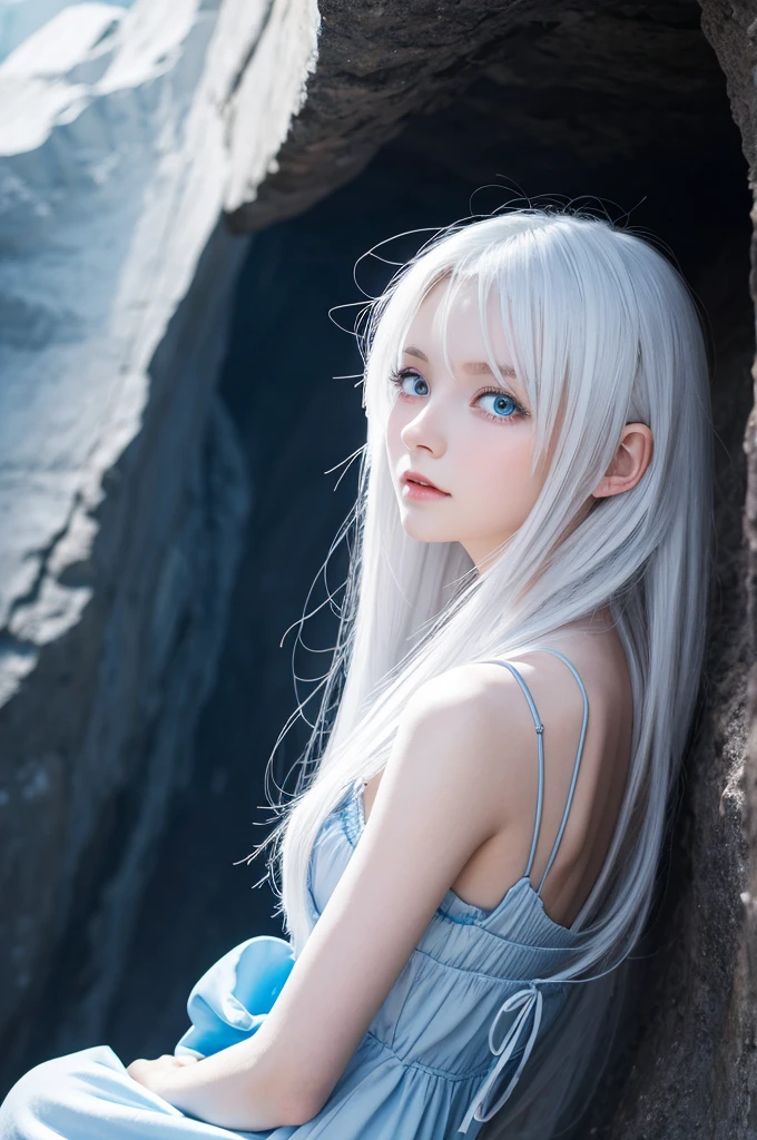 Masterpiece White Hair Girl Background Cave Long Hair Blue Eyes Downcast Dress