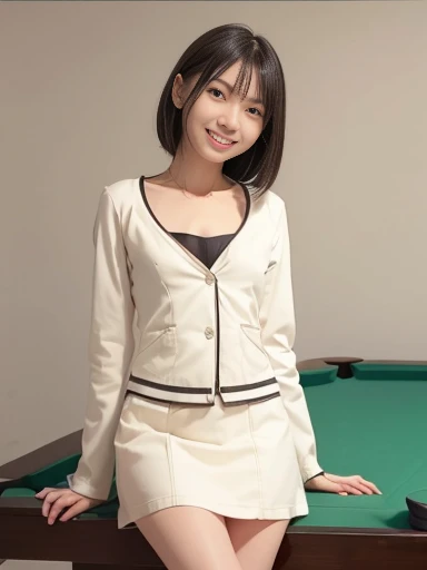 Japanese female, a lot of details, (underweight), 30 years old, detailed black hair, beautiful detailed hair, super  beautiful, delicate beautiful face, complex details beautiful and delicate eyes, perfect hands, (flat chest best quality:1.5), perfect and delicate limbs, detailed skin, best quality, ultra-detailed,(cheerful grin:1.5),
billiard hall, short hair, (red blouse), (cream jacket), (cream skirt), (playing nine ball billiards),(moment of shot), (long shot), front view, dutch angle shot