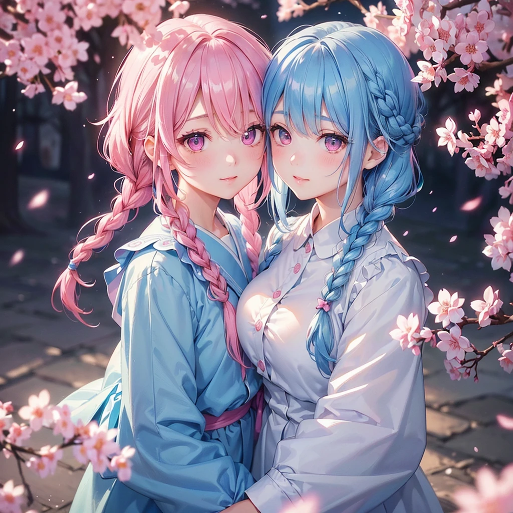 (Light blue medium hair),(Braided hair tied together)、Pink eyes、Fair skin、(whole body)、(uniform)、Cherry Blossoms at Night、A big smile、、(masterpiece、Highest quality、Very detailed、Best Shadow)、(Detailed Background)、(Beautifully detailed face)、High contrast、(Best lighting、Very delicate and beautiful)、((Cinematic Light))、colorful、Hyper Detail、Dramatic Light、Exquisite detail、