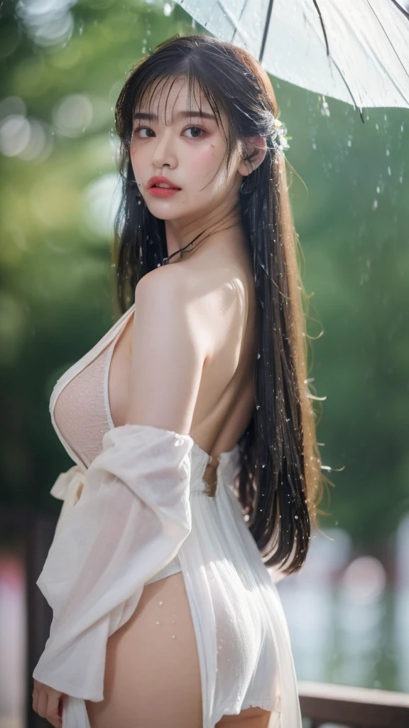 ((Best Quality, 8k, Masterpiece: 1.3)), Focus: 1.2, Perfect Body Beauty: 1.4, Buttocks: 1.2, ((Layered Haircut)), (Wet Clothes: 1.1), (Rain, Street:1.3), (Breasts: 1.2), (Hanfu: 1.2), Bare Shoulders, Bare Legs, Highly Detailed Face and Skin Texture, Fine Eyes, Double Eyelids, Whitened Skin, Long Hair, (Shut Up: 1.5), (Bokeh Background: 1.5), Big Breasts