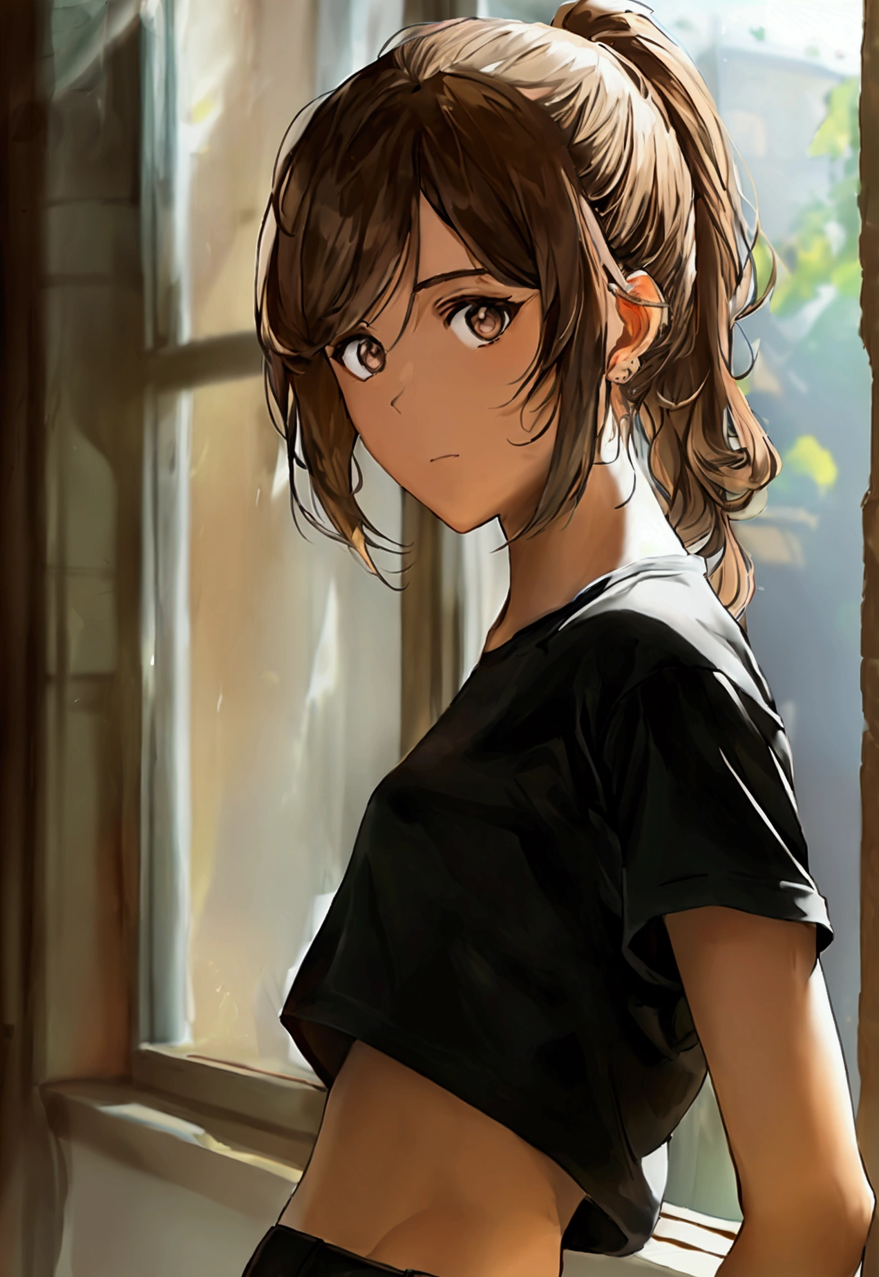Brown hair, pulled back into a ponytail, Brown eyes, blank look, bright skin, black t-shirt and black shorts.