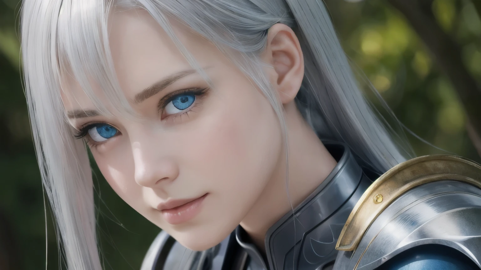 A dynamic series of paintings depicting a silver-haired, blue-eyed warrior girl., 8k, 超High resolution, Super detailed, High resolution,(Well designed face), Great face, (Very detailed), Beautiful Eyes, Soft lighting,, Outdoor, Beautiful attention to detail,Machinery Parts, Asymmetrical hair Bright green irises with golden flecks。Long eyelashes and soft, charming eyes。Photorealistic style with great attention to detail in the eye area