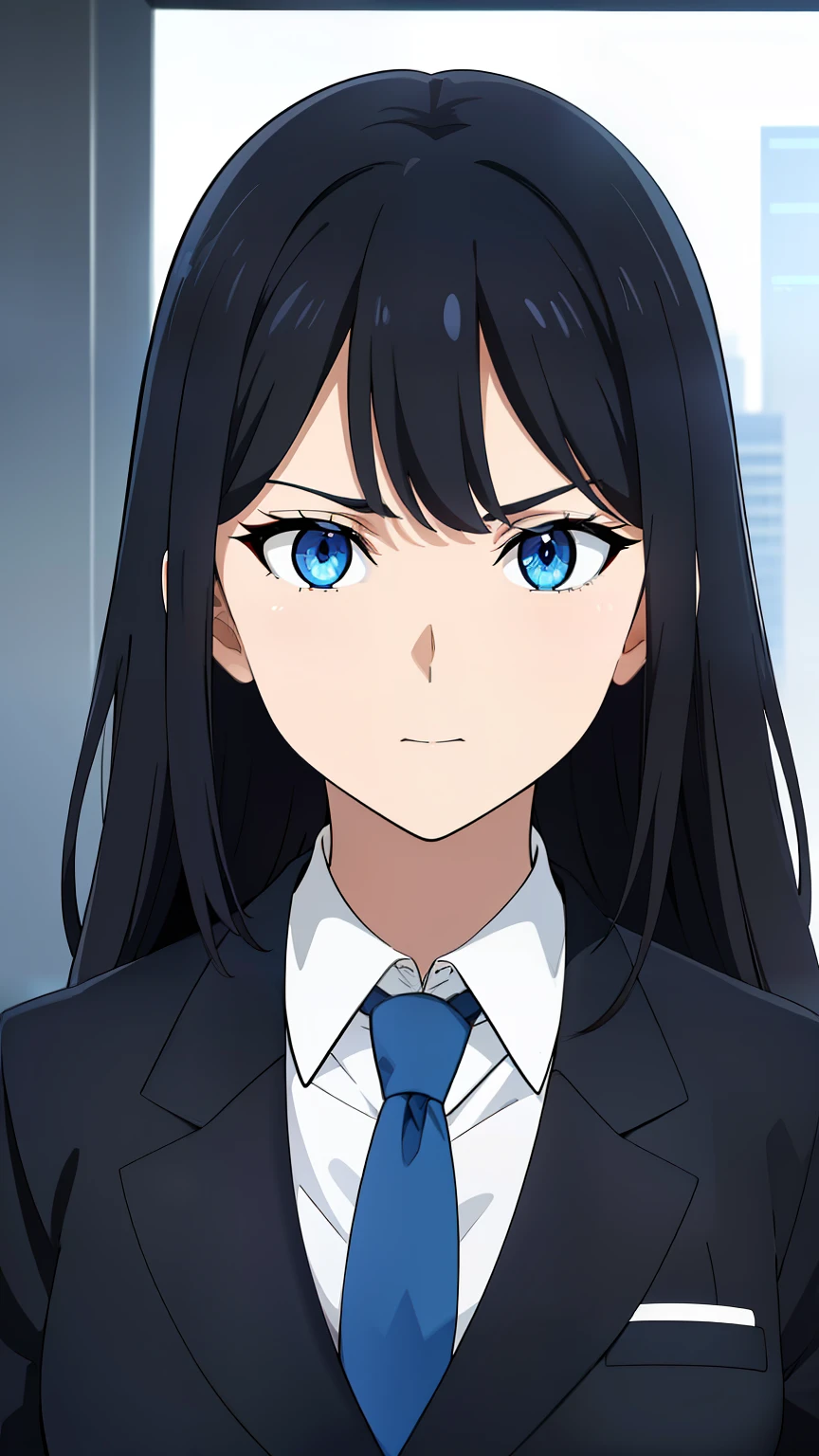 (best quality:1.5, highres, UHD, 4K, detailed lighting, shaders), black hair, long hair, cool woman, cool girl, sharp eyes, narrow eyes, same eyes size, blue eyes, beautiful, small breasts, office background, formal suit, necktie, jacket, focus on character face