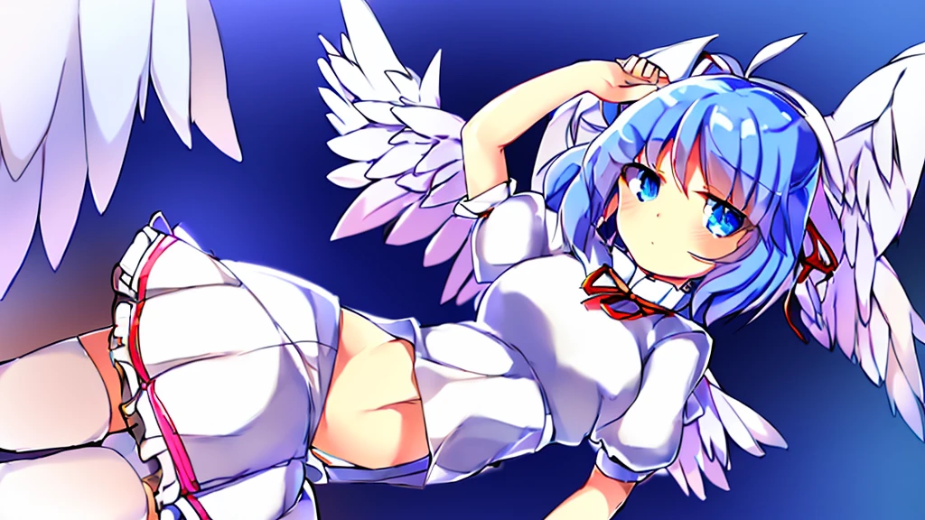 (best quality,4k,8k,highres,masterpiece:1.2), ultra-detailed, highly detailed texture, intricate details, high quality textures, A cute teenage angel with blue eyes, drawn in anime style, 1girl, , , 10 years old, medium blue hair, hair flaps, pink ribbon on head, well-formed face, blue eyes, angel girl, white blouse, puffy short sleeves, red ribbon, angel wings, long white skirt, red shoes, frills, ribbon head, A pair of angel wings on the back, clean line drawings
