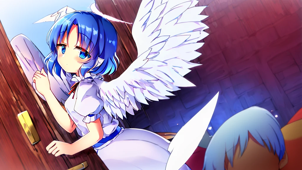 (best quality,4k,8k,highres,masterpiece:1.2), ultra-detailed, highly detailed texture, intricate details, high quality textures, A cute age angel with blue eyes, drawn in anime style, 1girl, , , 10 ydium blue hair, hair flaps, pink ribbon on head, well-formed face, blue eyes, angel girl, white blouse, puffy short sleeves, red ribbon, angel wings, long white skirt, red shoes, frills, ribbon head, A pair of angel wings on the back, clean line drawings