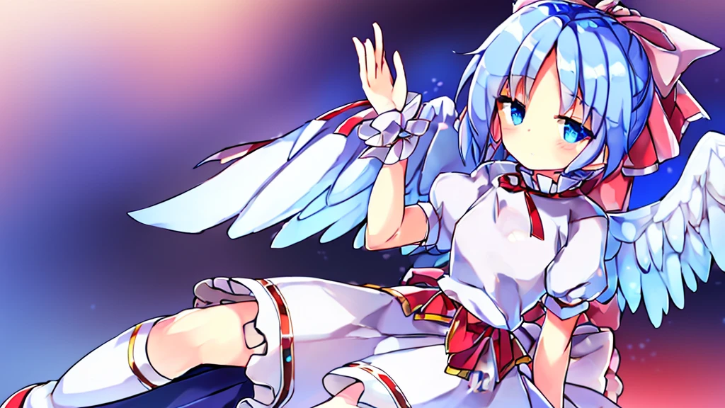 (best quality,4k,8k,highres,masterpiece:1.2), ultra-detailed, highly detailed texture, intricate details, high quality textures, A cute teenage angel with blue eyes, drawn in anime style, 1girl, , , 10 years old, medium blue hair, hair flaps, pink ribbon on head, well-formed face, blue eyes, angel girl, white blouse, puffy short sleeves, red ribbon, angel wings, long white skirt, red shoes, frills, ribbon head, A pair of angel wings on the back, clean line drawings