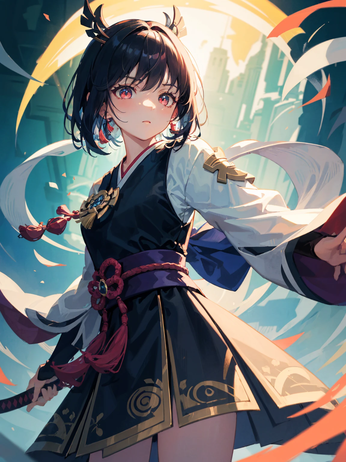masterpiece, best quality, ultra-detailed, CG illustration, high resolution, better lighting, best shadow, extremely delicate and beautiful, appropriate shading, HD, 8k, ray tracing, hyper detailed and sharp background, perfect lights, anime style, Inspired by the game Mahokenshi: House of Ruby (Tengu, winged mountain kami, aggressive, red and white colors), strength, samuraipunk, solo, 1 woman, black hair, red eyes, adult, obi tassel,