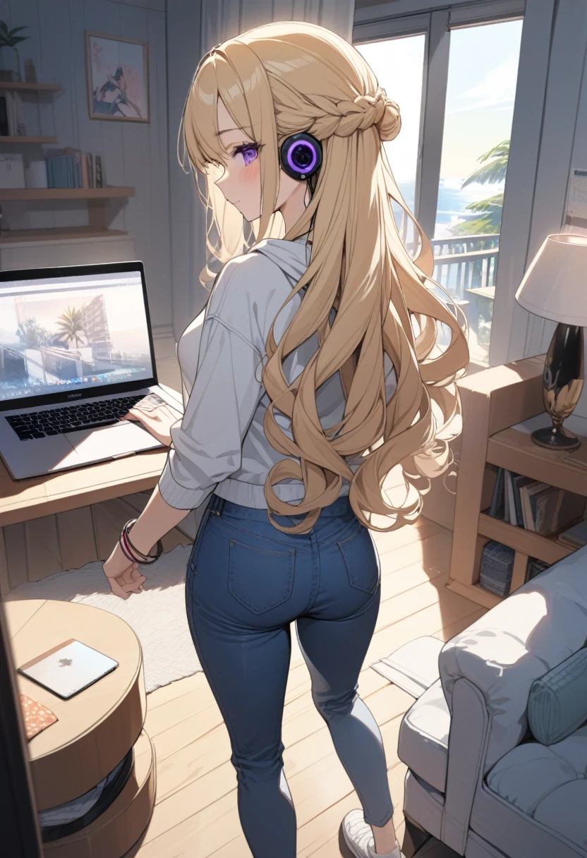 masterpiece, best quality, extremely detailed, ultra detailed, flat anime, 2D,
1girl, (young adult:1.2),blonde hair, (semi-long hair:1.2), curly hair, french braid, medium breasts, tsurime, purple eyes, height 1.7meters,
white hooded sweatshirt, jeans, earring,bracelet, long sleeves, ((Bluetooth small earphone)),
Back view of a laptop computer,Operating a laptop computer,
from behind, full body,
summer, livingroom, 12AM., standing