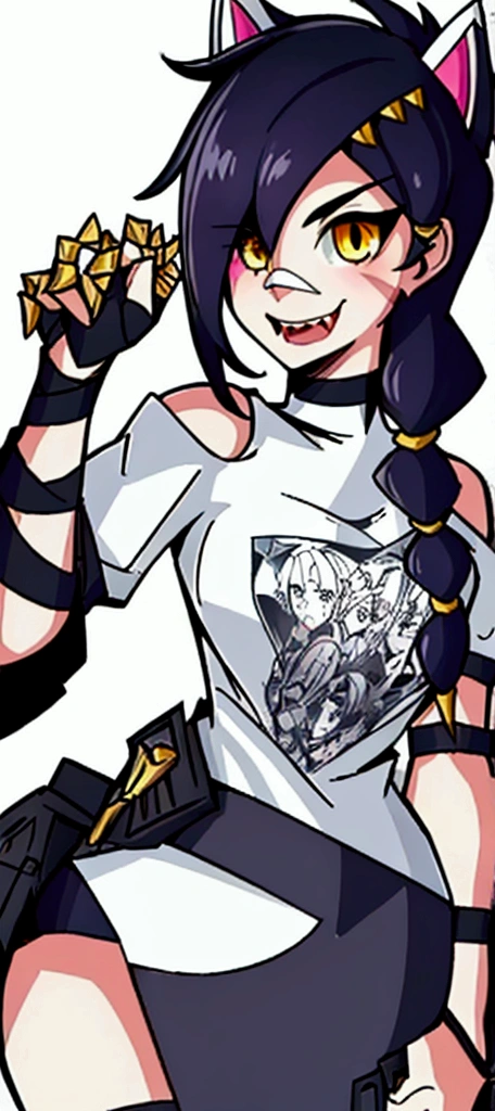 1 girl, Alone, wide, looking at the viewer, black fur, bandage on face, yellow eyes, animal ears, SMILE, bandage on nose, braid, cat ears, bandage, hits, old, fake animal ears, simple background, Open mouth, canine, , bare shoulders, SCAR, teeth, shirt, bare shoulders, white shirt, short sleeves, Closed mouth, t-shirt, hair over one eye, portrait, if, hair over the shoulder, Bermuda,