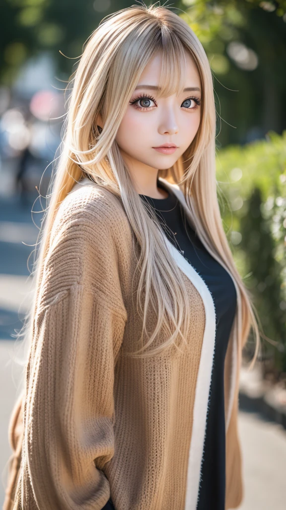 Highest quality、Highest quality、High resolution、8k、masterpiece、Young Japanese Woman、One Woman、blonde、blonde、Long Hair、Blurred Background、Big eyes、Daytime、sunlight、Variety of clothing、casual