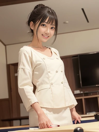 Japanese female, a lot of details, (underweight), 30 years old, detailed black hair, beautiful detailed hair, super  beautiful, delicate beautiful face, complex details beautiful and delicate eyes, perfect hands, (flat chest best quality:1.5), perfect and delicate limbs, detailed skin, best quality, ultra-detailed,(cheerful grin:1.5),
billiard hall, short hair, (red blouse), (cream jacket), (cream skirt), (playing nine ball billiards),(moment of shot:1.3), (long shot), front view, dutch angle shot