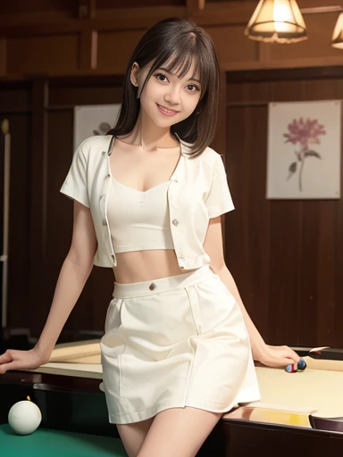 Japanese female, a lot of details, (underweight), 30 years old, detailed black hair, beautiful detailed hair, super fucking beautiful, delicate beautiful face, complex details beautiful and delicate eyes, perfect hands, (flat chest best quality:1.5), perfect and delicate limbs, detailed skin, best quality, ultra-detailed,(cheerful grin:1.5),
billiard hall, short hair, (red blouse), (cream jacket), (cream skirt), (playing nine ball billiards),(moment of shot:1.3), (long shot), front view, dutch angle shot