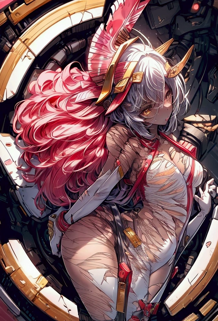 A beautiful woman is connected to a cord on the cockpit seat、Highest quality, masterpiece, High resolution, 8k,(Perfect body:1.4), (Detailed skin:1.5)、(Beautiful and well-proportioned face)、(Perfect Anatomy:1.2)、One Woman、20-year-old、Full body photo、Increased transparency、(Acrobatic pose:1.3)、(Correct finger)、leotard、(Torn clothes:1.5),、Japanese women、