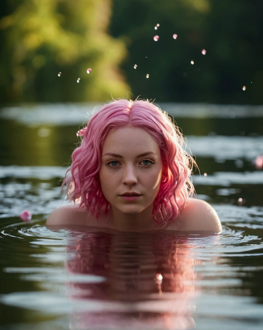 there is a woman with pinkies Hair swimming in a lake, with pinkies Hair, flowing pinkies Hair, nymph in water, in water, in water up to her shoulders, in water, in a lake, Color photo portrait 4k, pinkies Hair, the hair floats on the water, cute girl with short pinkies Hair, in a pond, light pinkies Hair, naked